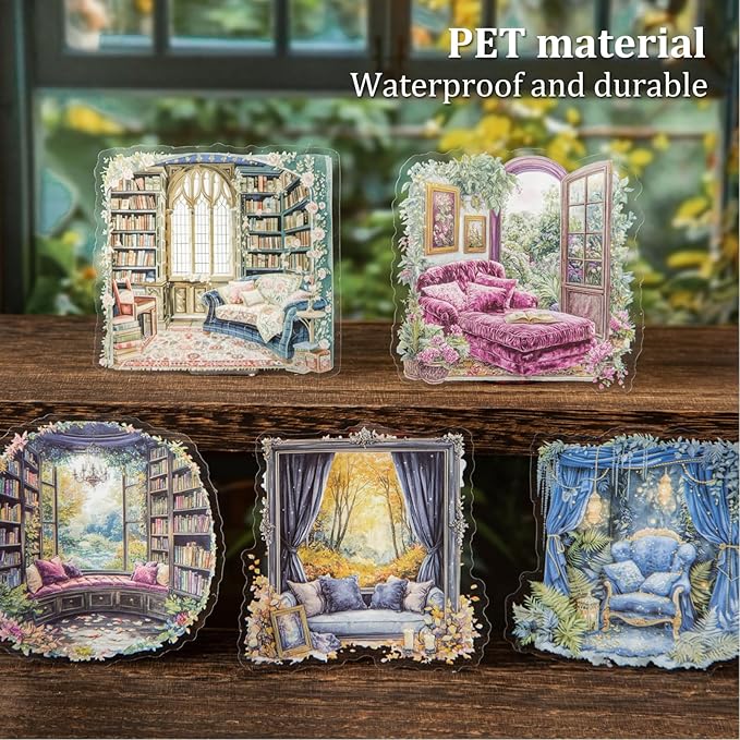 AuriicLeaf Window Reading Corner PET Sticker Set, 60PCS Cozy Room Scene Stickers for Scrapbooking, Journaling, DIY Crafts and Gift Decoration