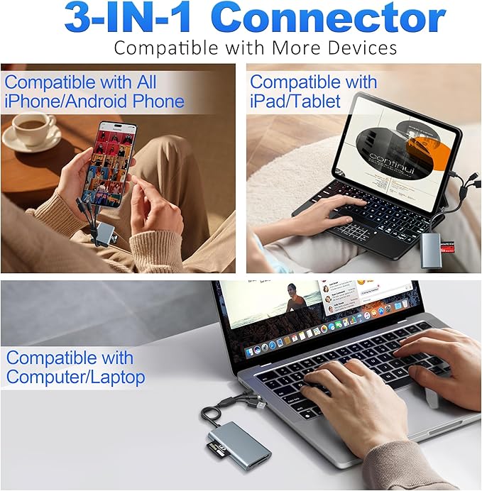 4-in-1 Metal Memory Stick Pro Duo Adapter, Triple Interface Lightning/USB-C/USB-A Card Reader for SD/Micro SD/MS/xD-Picture Card, High-Speed 480Mbps Photo Video File Transfer for iPhone iPad PC