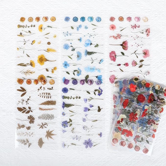 NESSCCI Pressed Flower Themed Stickers (Assorted 240 Pieces,12 Sheets) Scrapbook Supplies,Sticker for Journaling, Dried Floral Resin,Scrapbook Stickers,Junk Journal Sticker