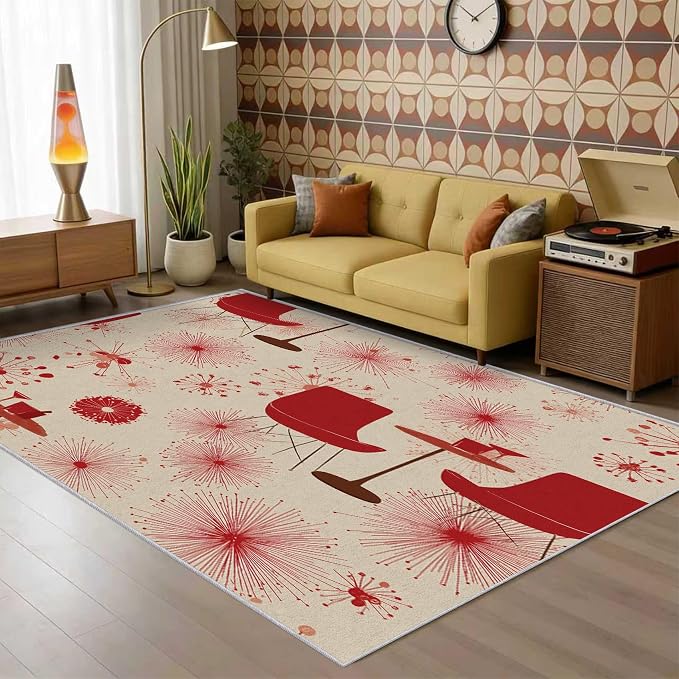 50s Retro Rug 6x9 60s 70s Mid Century Modern Pattern Area Rugs for Living Room, Bedroom, 50s Retro Home Decor Accessories Indoor Carpet, Non Slip & Machine Washable