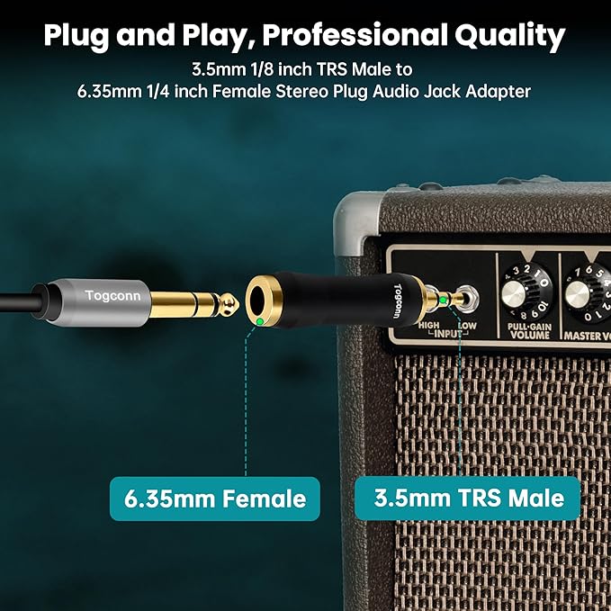 Togconn 1/8 Inch to 1/4 Inch Adapter 2 Pack, 3.5mm TRS Stereo Male to 6.35mm Quarter Inch Female Jack Plug Gold-Plated Pure Copper Audio Converter Connector Premium Quality Series