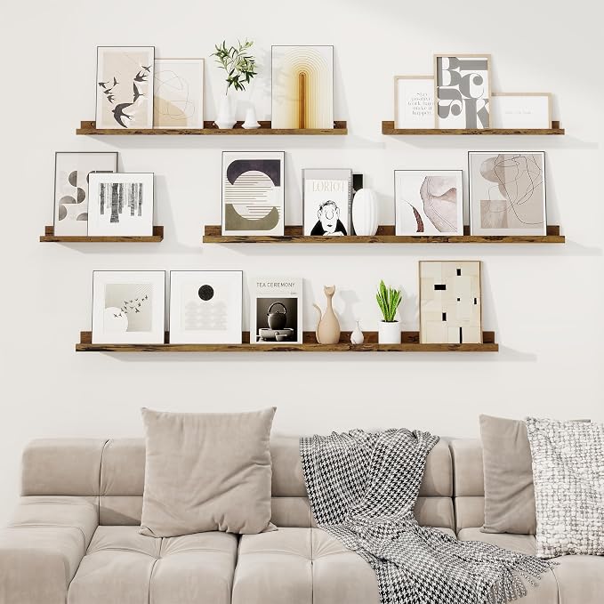 RICHFOCUS Picture Ledge Shelf, 48 inch Floating Shelves Set of 2, Wood Wall Shelves with Lip, Wall Decor Storage for Bedroom Living Room Bathroom Kitchen Nursery Photo Picture, Rustic Brown
