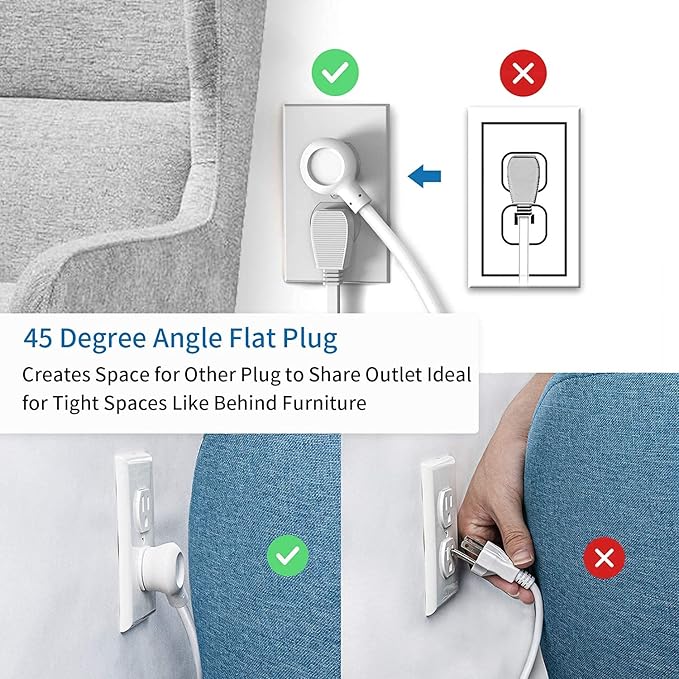 Flat Plug Extension Cord 15Ft - NTONPOWER 8 Outlets Surge Protector Power Strip with 2 USB, Overload Protection, 1080 Joules, ETL Listed, 15A/1850W, Wall Mountable for Home Office and Workbench, White