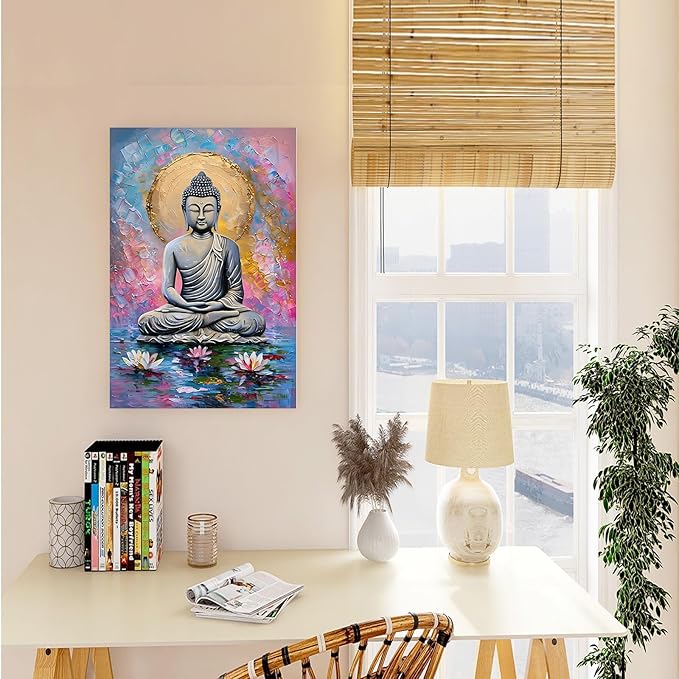 Lotus and golden Buddha meditation tranquil zen wall art mindfulness wall art for spiritual harmony and tranquility decor 12x18in Wood Framed