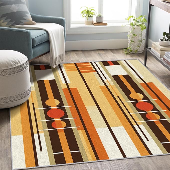 Contemporary Geometric Rug 7x8, Washable Retro Stripe Rugs for Living Room Bedroom, Mid Century Modern Area Rug for Home Decor, Non Slip Backing Floor Carpet with Gripper - 7 x 8 ft