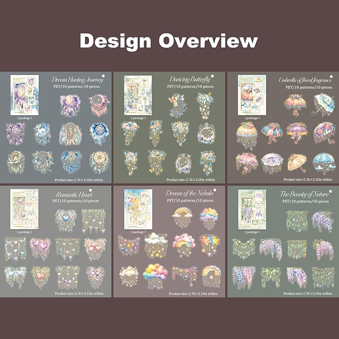 AuriicLeaf Fairy Tale PET Sticker Set, 60PCS Fantasy Scrapbook Supplies with Gold Foil Accents Waterproof Journal Stickers for DIY Crafts, Planners, and Collages