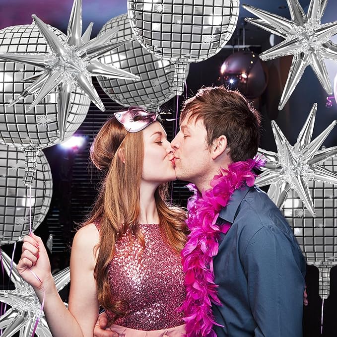 OuMuaMua Disco Ball Balloons for 70s Disco Party Decor, 22 Inch Large 4D Metallic Silver Disco Balloons with Stars Balloon for Themed Party, Birthday New Year Christmas Decor 9pcs