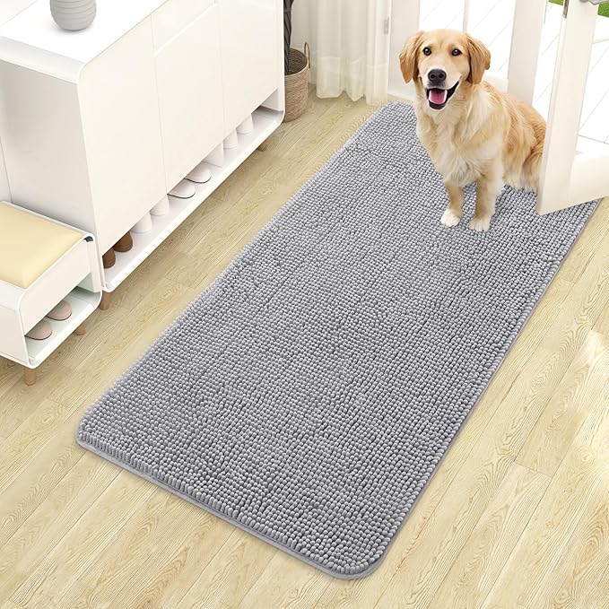 OLANLY Dog Door Mat for Muddy Paws 44x24, Absorbs Moisture and Dirt, Absorbent Non-Slip Washable Doormat, Quick Dry Chenille Mud Mat for Dogs, Entry Indoor Entryway Carpet for Inside Floor, Light Grey