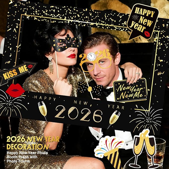 New Years Eve Party Supplies 2026, NYE Photo Booth Props Kit with Glitter Frame, 2026 Glasses & Mustache (Pack of 17)