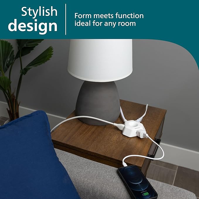 Philips EZGrip Indoor Extension Cord with Multiple Outlets, 3 Prong Grounded Cord, Short Extension Cord, Ergonomic Design, 16AWG, 4ft Braided Cord, ETL Listed, White, SPS3574W/37