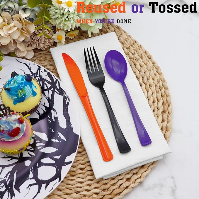 153 Pcs Halloween Plastic Silverware Heavy Duty Disposable Tableware Sets Includes Spoons Forks Knives for Halloween Party Supplies (Black Orange Purple)