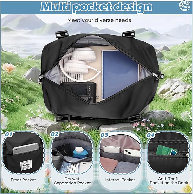 Small Black Gym Bag for Women, Stylish Duffle Travel Bag for Plane, Lightweight Duffle Bag for Women & Men, Sport Gym Tote Bag with Wet Pocket for Yoga, Pilates, Swimming