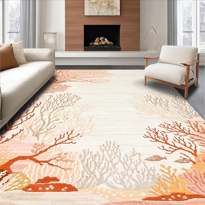 Flatwoven High Traffic Area Rug 8x10, Oceanic Reef Inspired Branching Abstract Design, Non Slip, Stain Resistant, Washable Area Rugs for Living Room, Bedroom (Coral, 8x10)