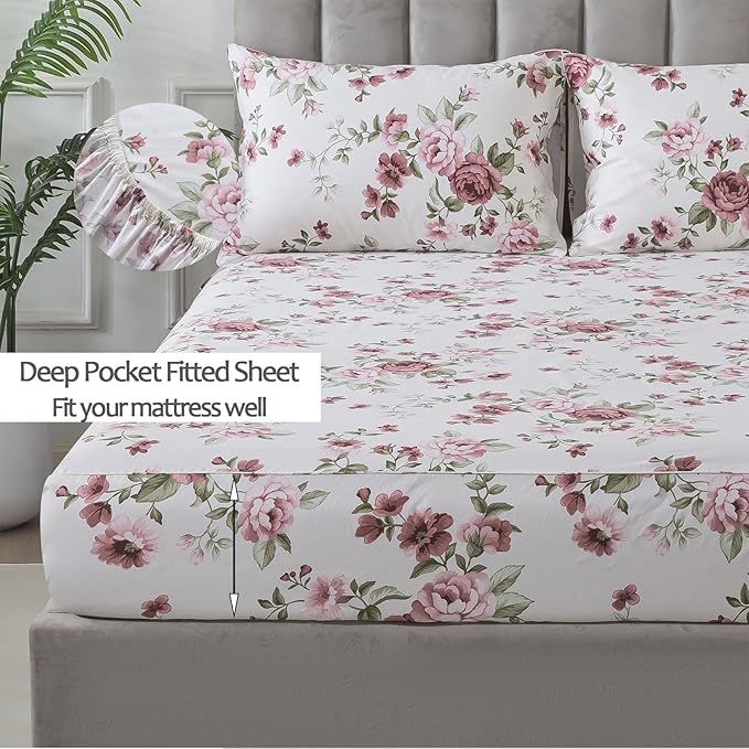 FADFAY Beige Vintage Floral Twin XL Size Sheets Set Premium 100% Cotton Shabby Brick Red Rose Pattern Bedding Set Deep Pocket Sheets with 2 Pillowcases Luxury Breathable Soft 4Pcs, Twin Extro Long