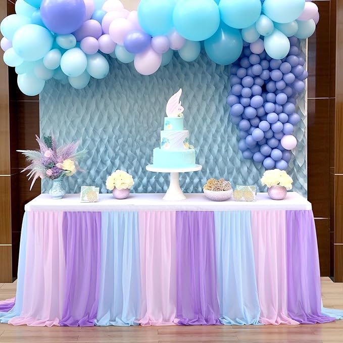 Mermaid Tulle Table Skirt Blue Pink Purple Striped Table Skirts for Rectangle Tables Frozen Baby Shower Mermaid Birthday Parties Decoration 6ft