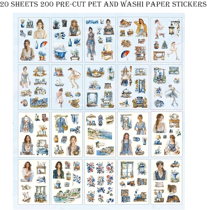 Auguro Scrapbooking Stickers 20 Sheets Pre-Cut 200 washi Stickers PET People Sticker Books for journaling Scrapbook Supplies Transparent Journal Sticker
