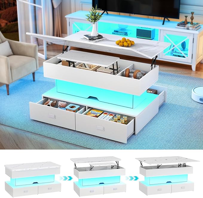 Turosur 40" Lift Top Coffee Table, Coffee Tables with Storage and 4 Drawer, Coffee Table with Lifting top with LED Lights for Living Room Home Office