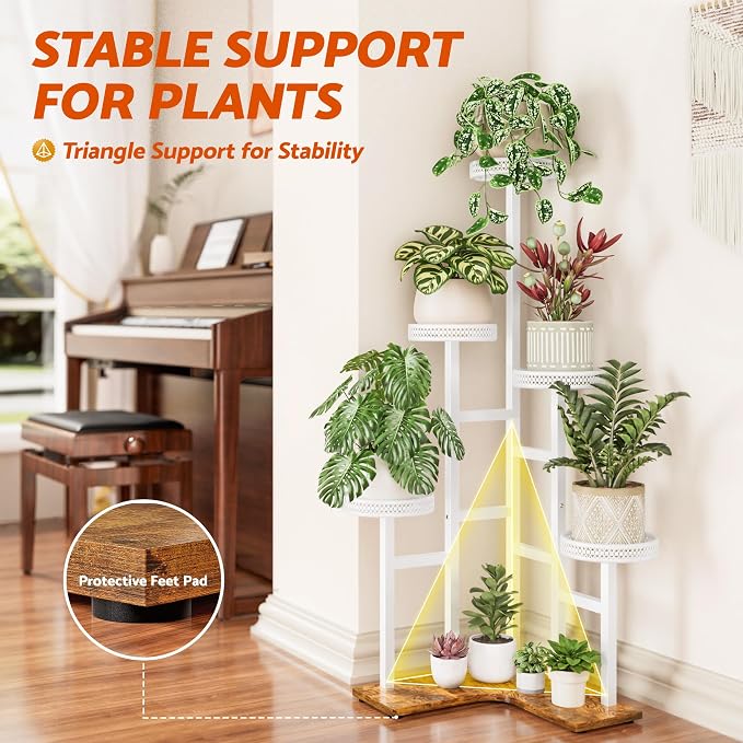 Tiered Plant Stand Outdoor,5 Potted Corner Plant Stands Tall Indoor, Metal Planter Display Rack for Multiple Plants, Wood Tall Plant Rack Shelf for House Patio LivingRoom - WhiteWave