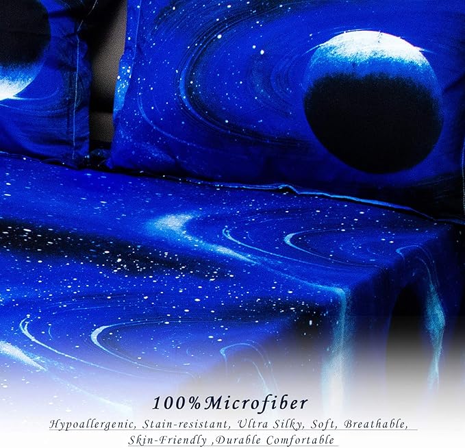 Bedlifes Galaxy Outer Space Sheet Set, Galaxy Themed, 3 pcs Including Flat Sheet, Fitted Sheet, and 1 Pillowcase (Light Blue Queen)