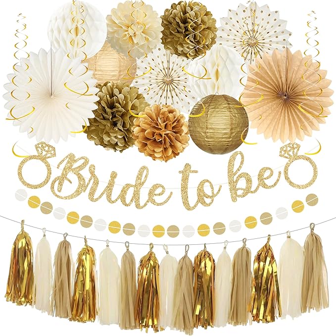 Roetyce Bachelorette Party Decorations, Gold Glitter Bride to Be Banner Paper Fans Pompoms Kit, Women Bridal Shower Party Supplies, Wedding Paper Lanterns Streamers Garland Photo Backdrop Background