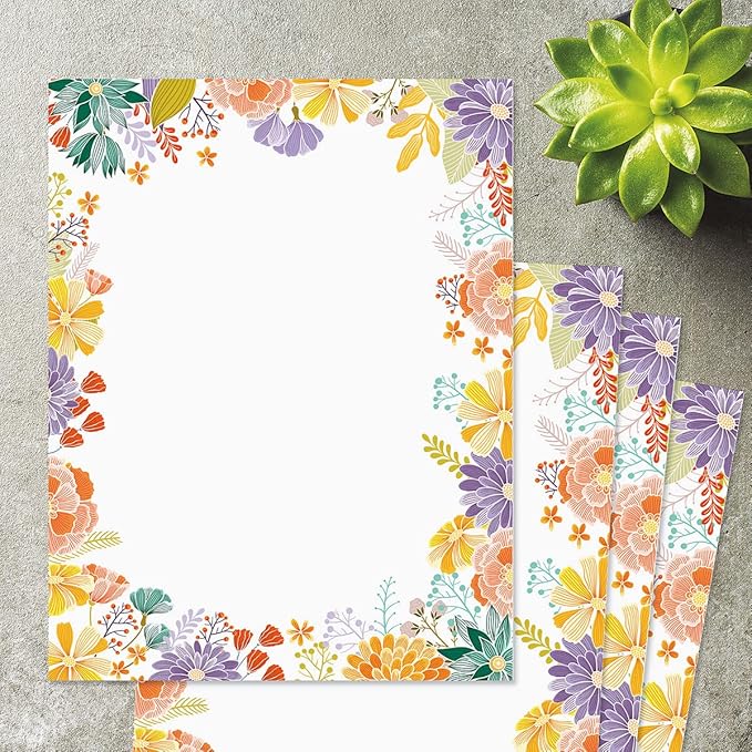 Current Wildflower Floral Letter Paper - Spring Stationery Papers With Decorative Wildflower Border, Printable Holiday, Wedding & Bridal Shower, & Invitation Sheets, Set of 25, 8 1/2" x 11"