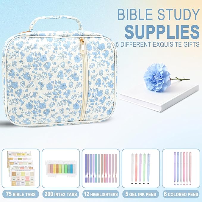 Lestp Bible Cover Case Study Supplies for Women Gifts Large Bible Cover with Highlighters Pens Tabs Cute Quilted Carrying Case Journal Kit Accessories Christian Gifts Sticky Notes A