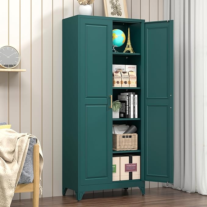 Metal Storage Cabinet,75" Tall Kitchen Pantry Storage Cabinet with Doors and Adjustable Shelves, Green Metal Pantry Cabinets, Large Cupboard for Kitchen, Dining Living Room, Bathroom, Office