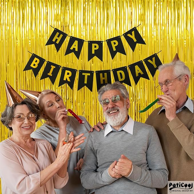 Thicken Gold Streamers 2 Pack 3.2 x 8.2 FT, Golden Birthday Decrorations Tinsel Backdrop Curtains, Foil Fringe Photo Backdrop for Birthday, Prom, Hollywood, Anniversary Party Decorations