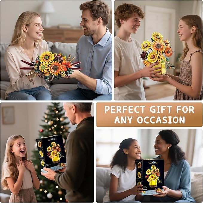 2 in 1 Sunflower Building Blocks Set with Vase, Botanical Collection Artificial Flowers Compatible with Lego for Adults, Gift for Christmas Home Décor Flower Table Centerpiece