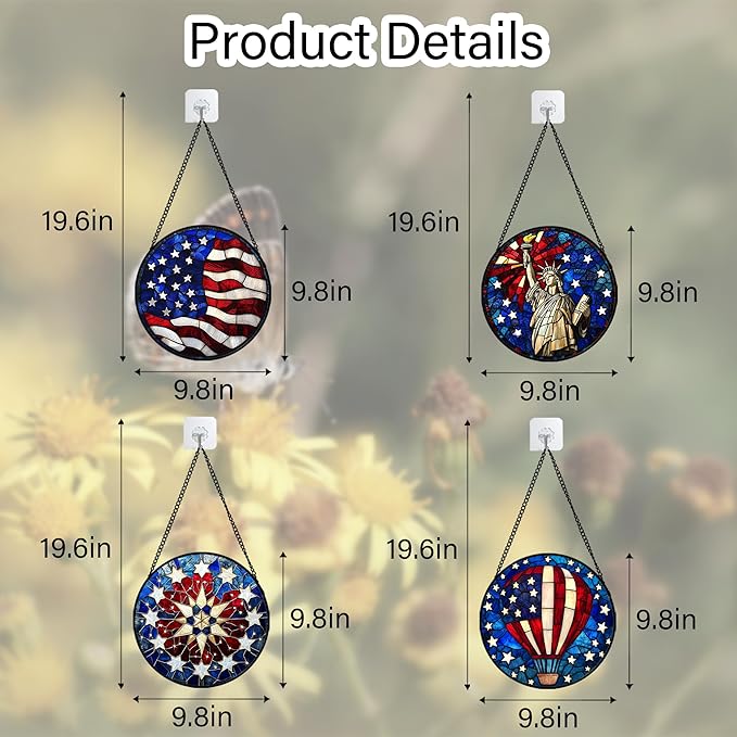 Stained Glass Window Hanging 4 Pcs Set Red Blue Flag Freedom Theme 9.8" - Suncatcher Door Garden Sun Catcher Decor Birthday Christmas for Mom Woman Nana Men Friend