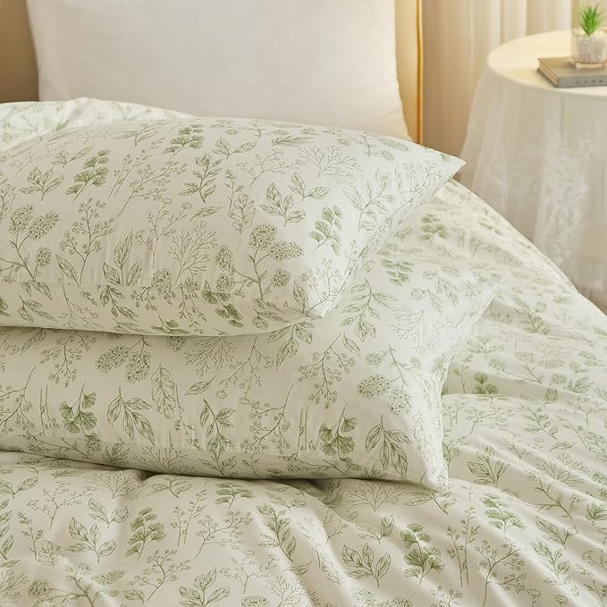 HighBuy 3 Pieces Duvet Cover Full Size White Duvet Cover with Green Floral Print,Coquette Soft Cotton Comforter Cover Boho Style,Aesthetic Full Bedding Set with Zipper Closure 4 Ties,All Season