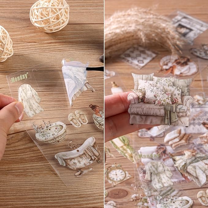 Auguro Scrapbooking Sticker 20 Sheets 120 Pre-Cut PET Daily Life at Home Girls People Stickers Books for journaling Scrapbook Supplies Transparent Stickers for journaling