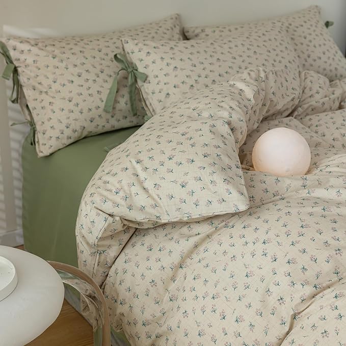 Vintage Style Duvet Cover Queen 100% Cotton Green Floral Print Duvet Cover Flower Botanical Bedding Sets Cottagecore Floral Comforter Cover 1 Queen Floral Duvet Cover with 2 Bowknot Pillowcases
