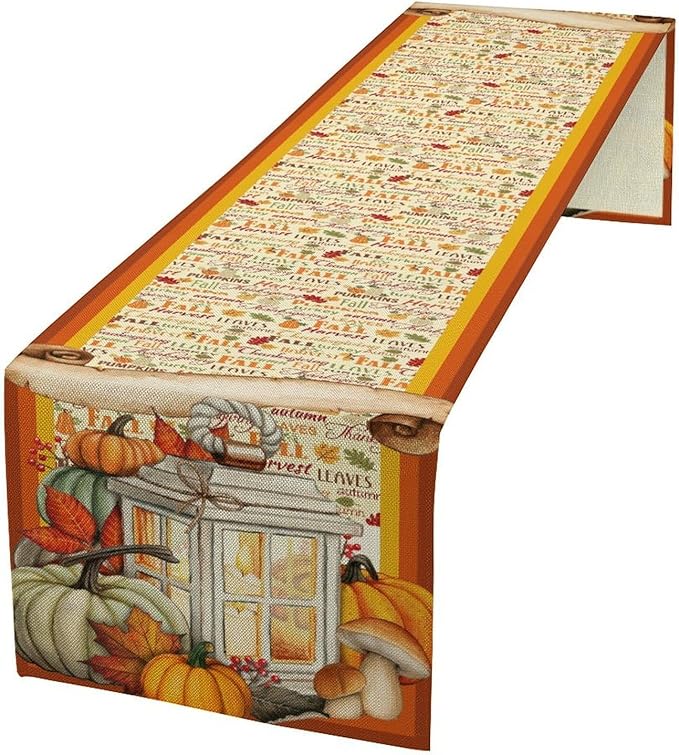 Fall Pumpkin Table Runner Rustic Farmhouse Mushrooms Leaves Berries Lanterns Thanksgiving Theme Home Decor for Farmhouse Indoor Outdoor Party Holiday Dining Kitchen Restaurant Cafe W13xL108in