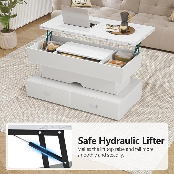 Turosur 40" Lift Top Coffee Table, Coffee Tables with Storage and 4 Drawer, Coffee Table with Lifting top with LED Lights for Living Room Home Office