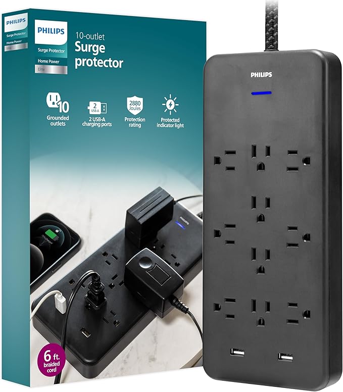 Philips EZFit 10-Outlet Surge Protector Power Strip, 6 Ft Braided Extension Cord, 2 USB Ports, Widely Spaced Outlets, Flat Plug, for Home Office Dorm Essentials, 2880 Joules, Black, SPP3403B/37