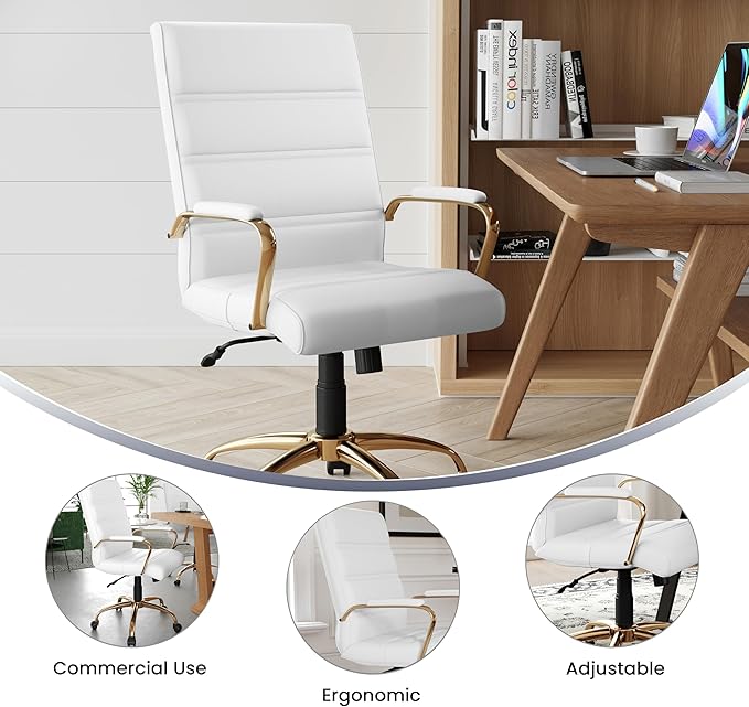 Flash Furniture Whitney Mid-Back Swivel LeatherSoft Desk Chair with Padded Seat and Armrests, Adjustable Height Padded Office Chair, White/Gold