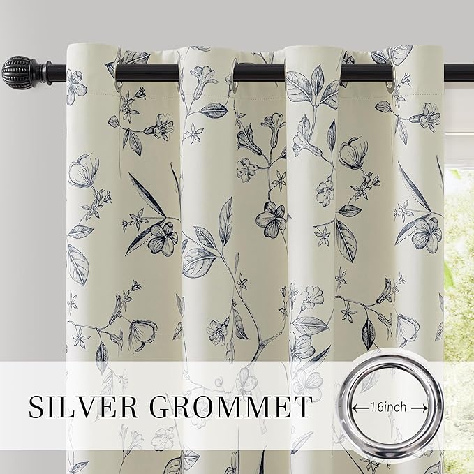ChrisDowa Beige 100% Blackout Curtains 96 Inches Long 2 Panels for Bedroom Living Room Navy Blue Flower Patterned Room Darkening Thermal Insulated Soundproof Grommet Window Treatments Drapes,52X96