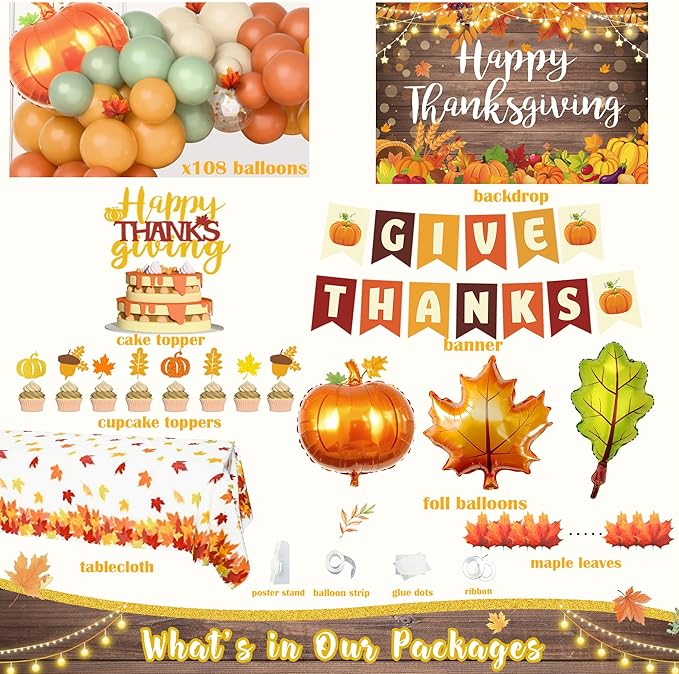 Thanksgivng Party Decorations Kit, Fall Give Thanks Party Supplies, Autumn Fall Pumpkin Backdrop Balloon Garland Maple Leaves Toppers Backdrop Tablecloth for Thanksgiving Party Decorations Set