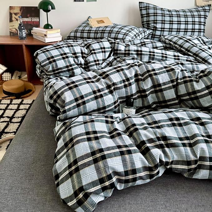 Grey Black Plaid Comforter Set Twin XL, 3 Pieces Modern Style Grid Comforter with 2 Pillowcases, Vintage Plaid Checkered Comforter for All Seasons, Soft Breathable Farmhouse Gingham Bedding Set