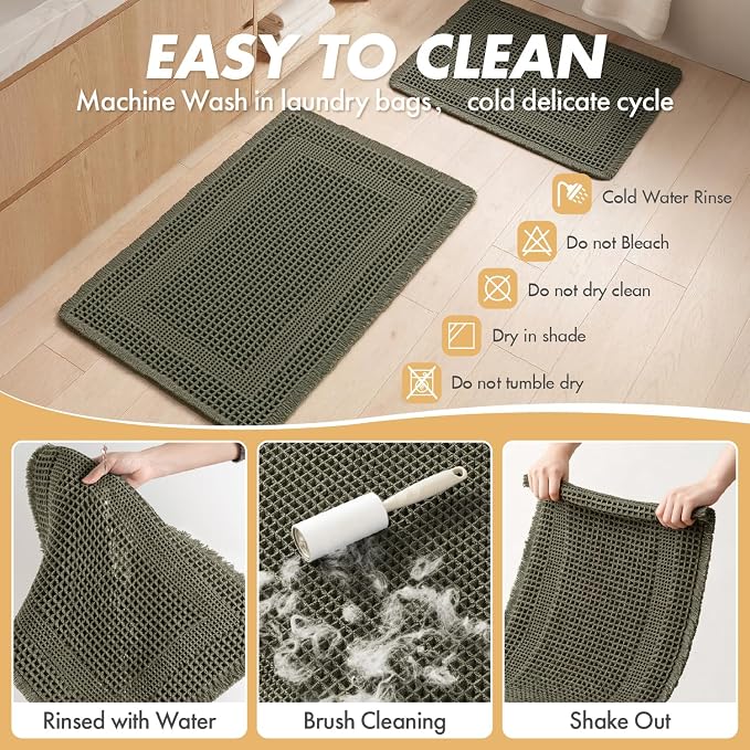 MIULEE Set of 2 Waffle Bathroom Rugs, Boho Bath Rug Super Absorbent, Non Slip Washable Ultra Soft Rubber Backed Shower Bath Mats for Floor, Tub, Shower, Looped Design, Green, 24x36 Inch