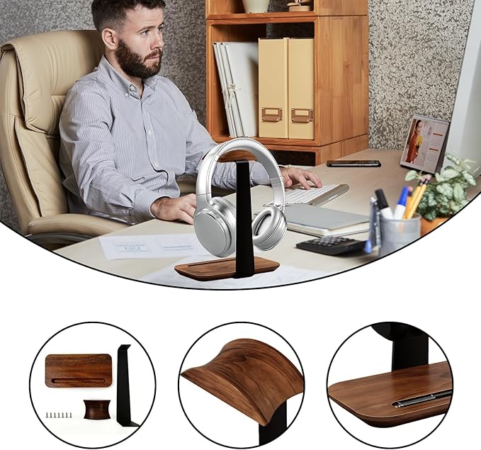 ZHIYUEJING Walnut Wood Headphone Stand,Headphone Rack with Storage Base Plate,Headphones Holder for Study Rooms,Gaming Spaces,Desktop,Office