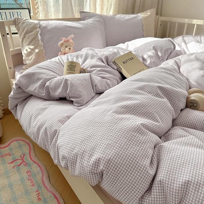 LifeTB Purple Gingham Duvet Cover Twin XL Cozy Washed Microfiber Purple Checkered Plaid Duvet Cover with 2 Pillowcases Romantic White Lace Comforter Cover 3 Pieces Gingham Grid Bedding Set