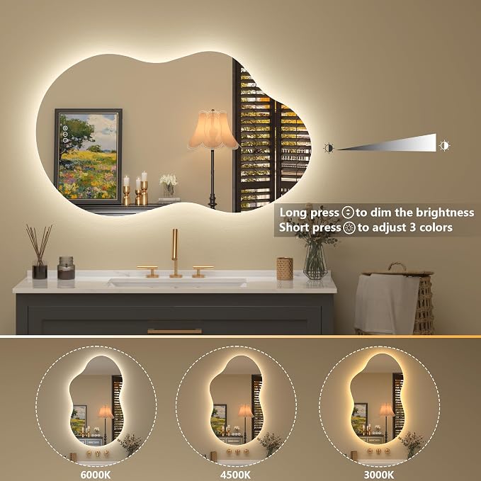 60x32 Inch Irregular Cloud LED Bathroom Mirror with Lights, Asymmetrical Backlit Vanity Mirror for Wall, Anti-Fog, Dimmable, Memory, 3 Colors, Shatterproof (Horizontal/Vertical)