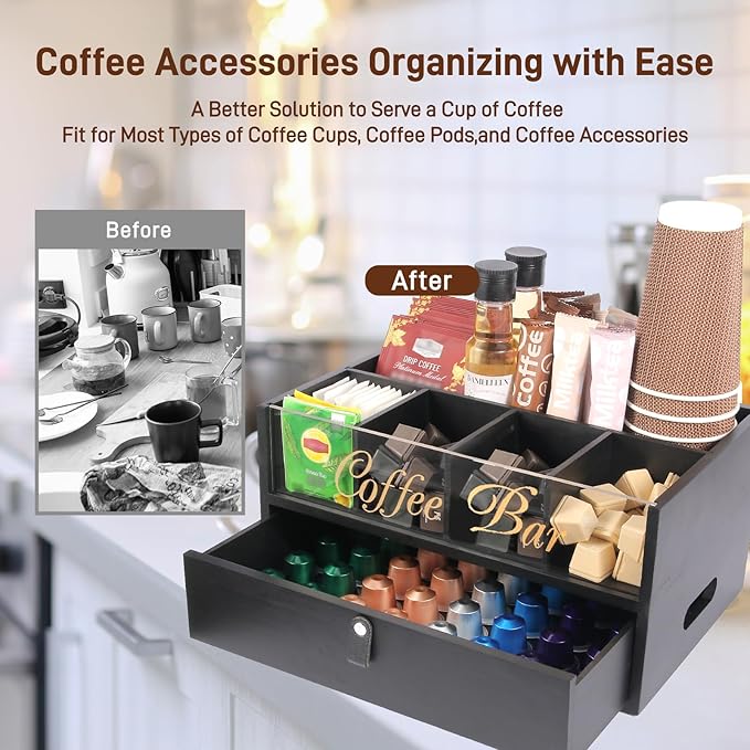Intarsio 2-Tier Coffee Bar Organizer with Clear Acrylic Top, Built-in Drawer and Leather Handle Pull for Countertop, Stylish Coffee Station Storage Box for Accessories, Pods, Great Gifts for Home