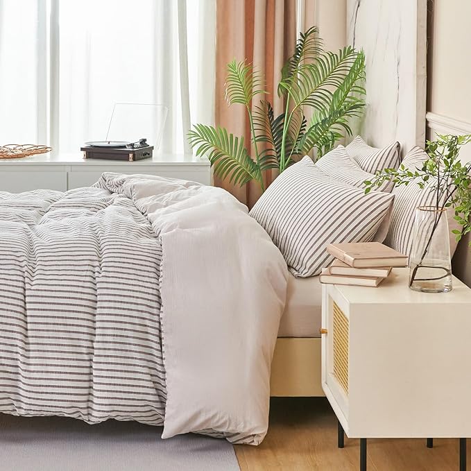 Grey Duvet Cover Queen Size Striped Washed Microfiber Jacquard 3 Pieces Bedding Set, Grey White Vertical Ticking Stripes Pattern Comforter Cover with Zipper Closure Breathable Durable Soft Comfy