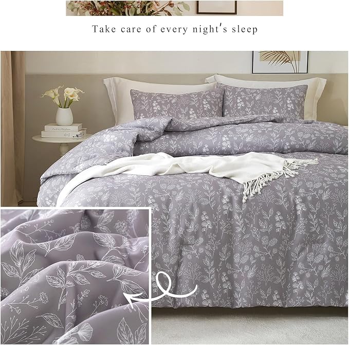 EAVD Garden Style Grey Floral Duvet Cover Twin XL Soft Cotton Chic Shabby Cute Floral Botanical Bedding Set with 2 Pillowcases Fresh Reversible Botanical Duvet Cover with Zipper Closure
