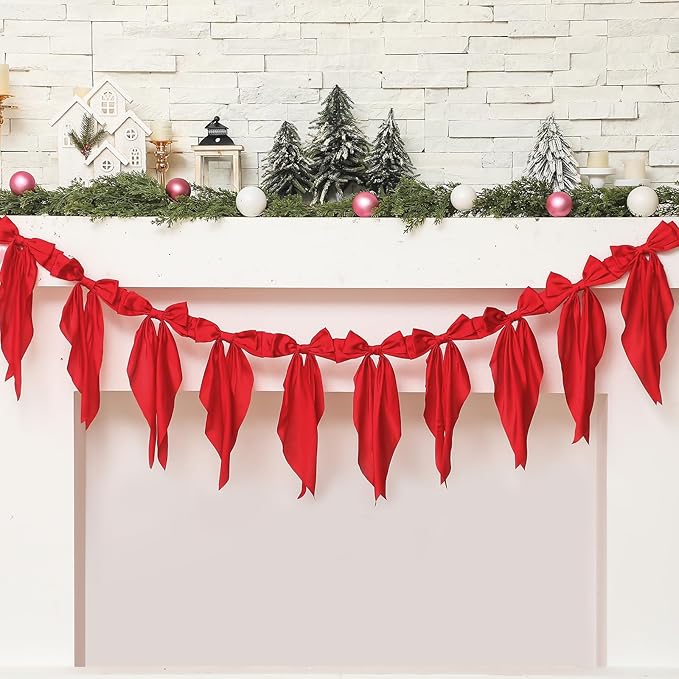 VitalCozy 1 Pcs Burgundy Bow Garland Banner, Satin Ribbon Hanging Party Bow Garland Decoration for Birthday Baby Shower Wedding Party Supplies