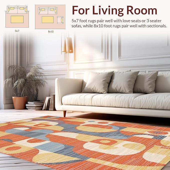 Flatwoven High Traffic Area Rug 5x7, Vibrant Geometric with Artistic Swirls and Colorful Motifs, Non Slip, Stain Resistant, Washable Area Rugs for Living Room, Bedroom (Orange, 5x7)