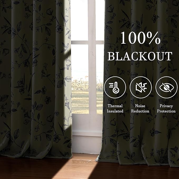 ChrisDowa Beige 100% Blackout Curtains 108 Inches Long 2 Panels for Bedroom Living Room Navy Blue Flower Patterned Room Darkening Thermal Insulated Soundproof Grommet Window Treatments Drapes,52X108